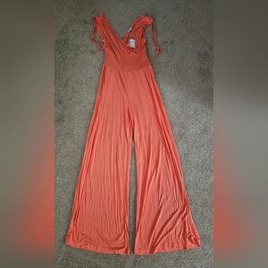 NWT Victoria’s Secret Lascana Coral Wide Leg Tie Shoulder V-Neck Jumpsuit Size 4